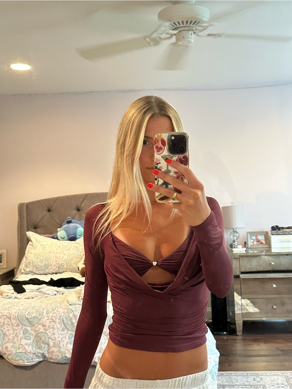 Plum Long Sleeve Twist-Front Crop Top